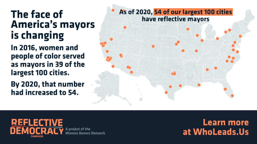 Map showing location of 54 cities with reflective mayors