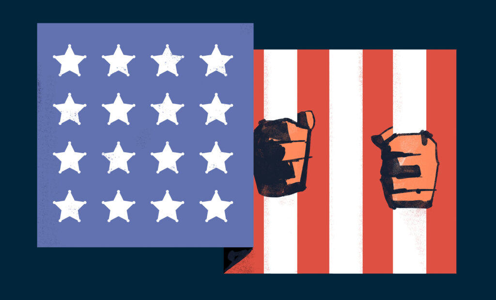 An illustration of the american flag with the stars replaced with sheriff stars and the stripes rotating to look like bars. Two hands are gripping the bars.