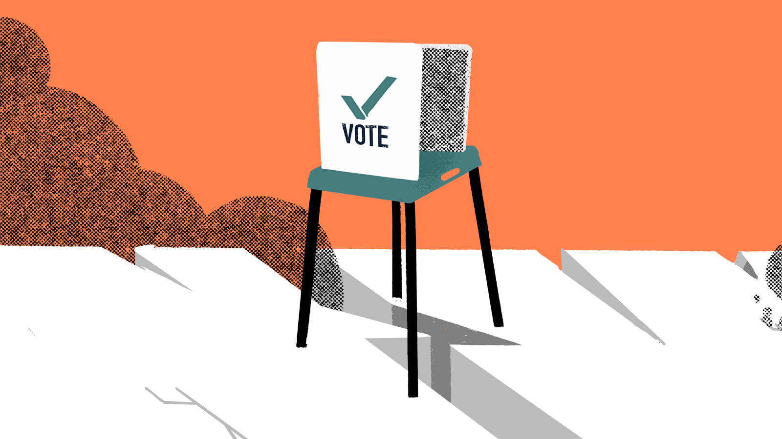 A voting booth is straddling a fissure. The fissure has smoke coming out of it.
