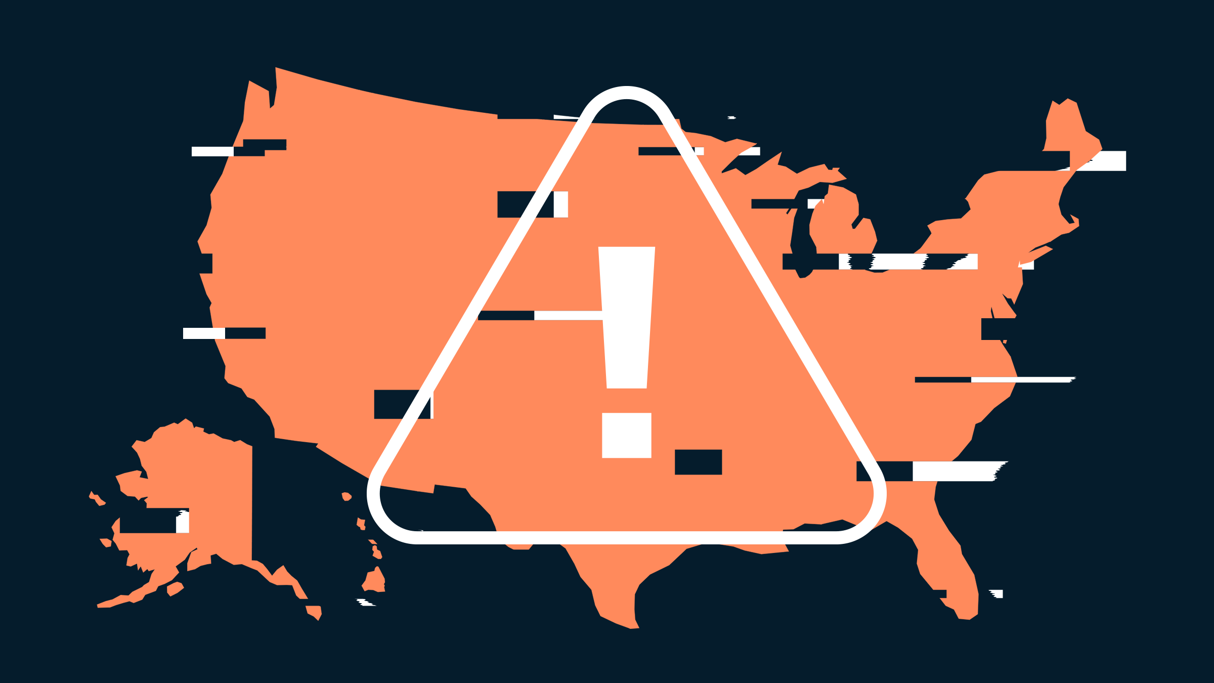 A glitched orange map of the US. Overlaid on top is a white triangle with an exclamation point in the center.