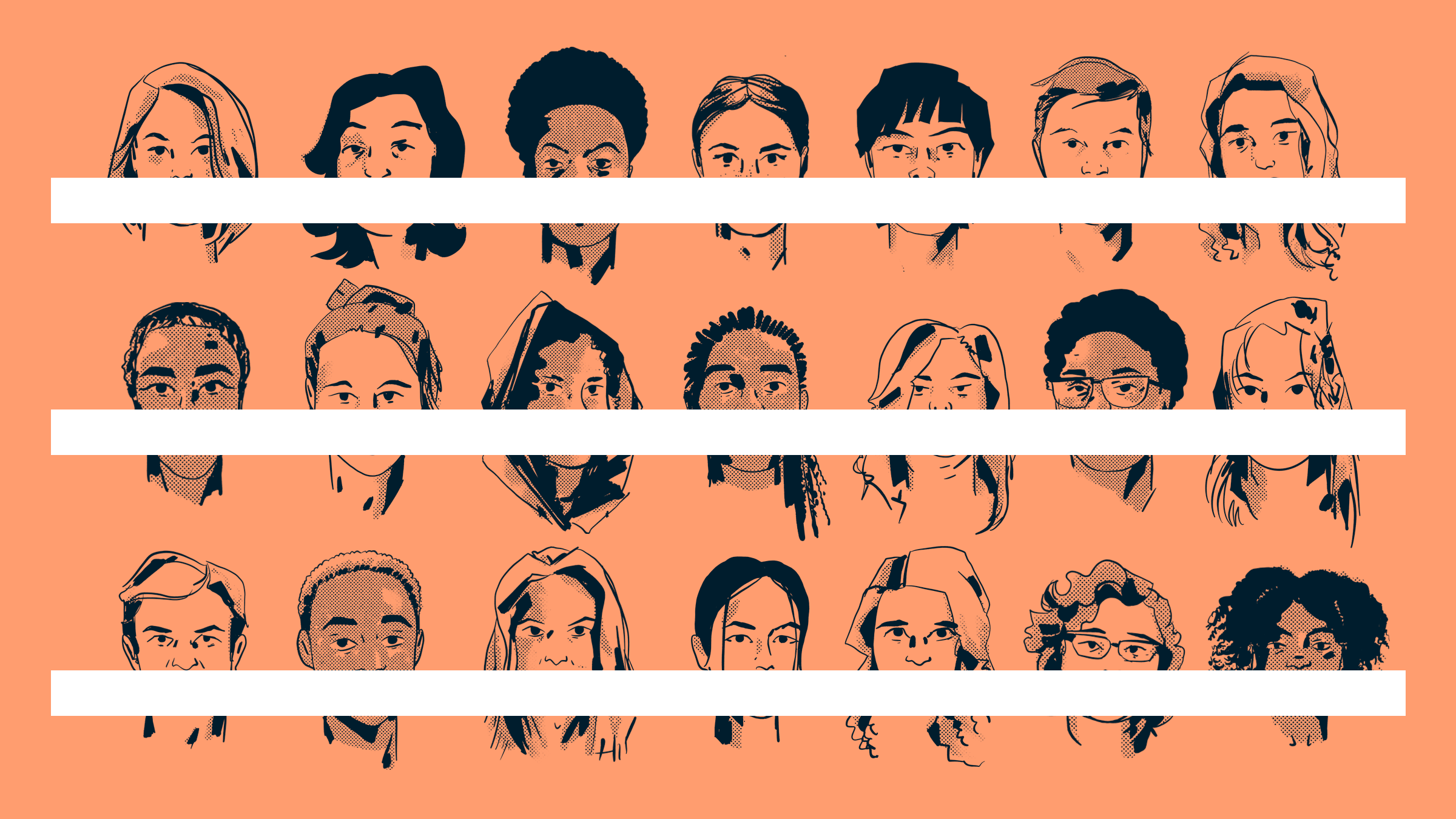Three rows of women's faces. Over their mouths are white stripes.