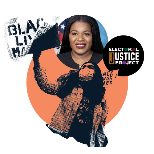 Collage of Black Lives Matter protestor holding a sign, Cori Bush, and the Electoral Justice Project logo.