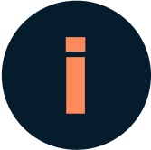 An orange lowercase i in a dark blue circle