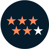 Six stars - five orange and one white - on a dark blue circular background.