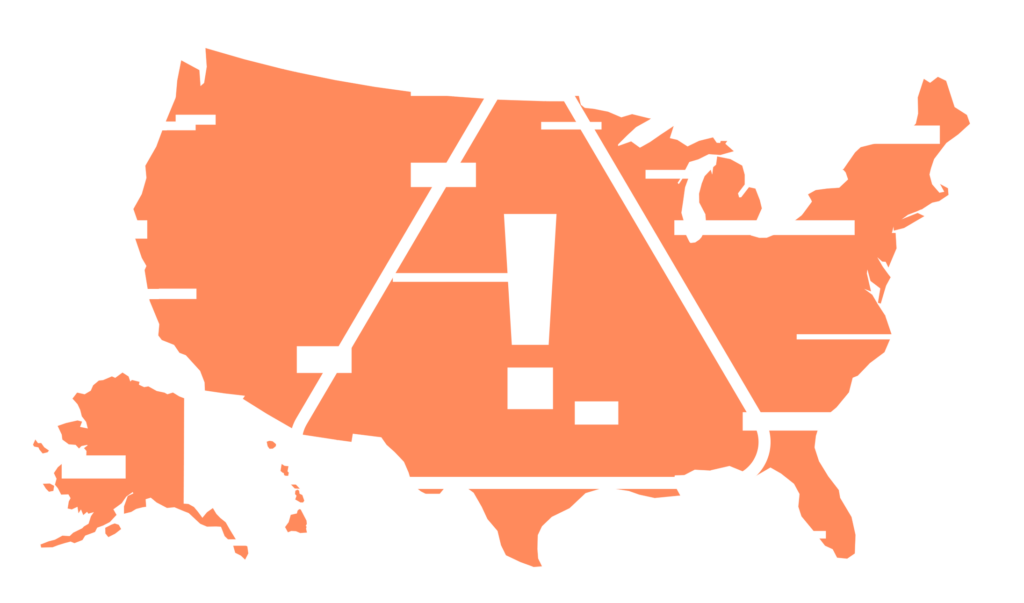 A map of the US that is orange. It has a glitch effect applied to it. Overlayed is an exclamation point in a triangle.