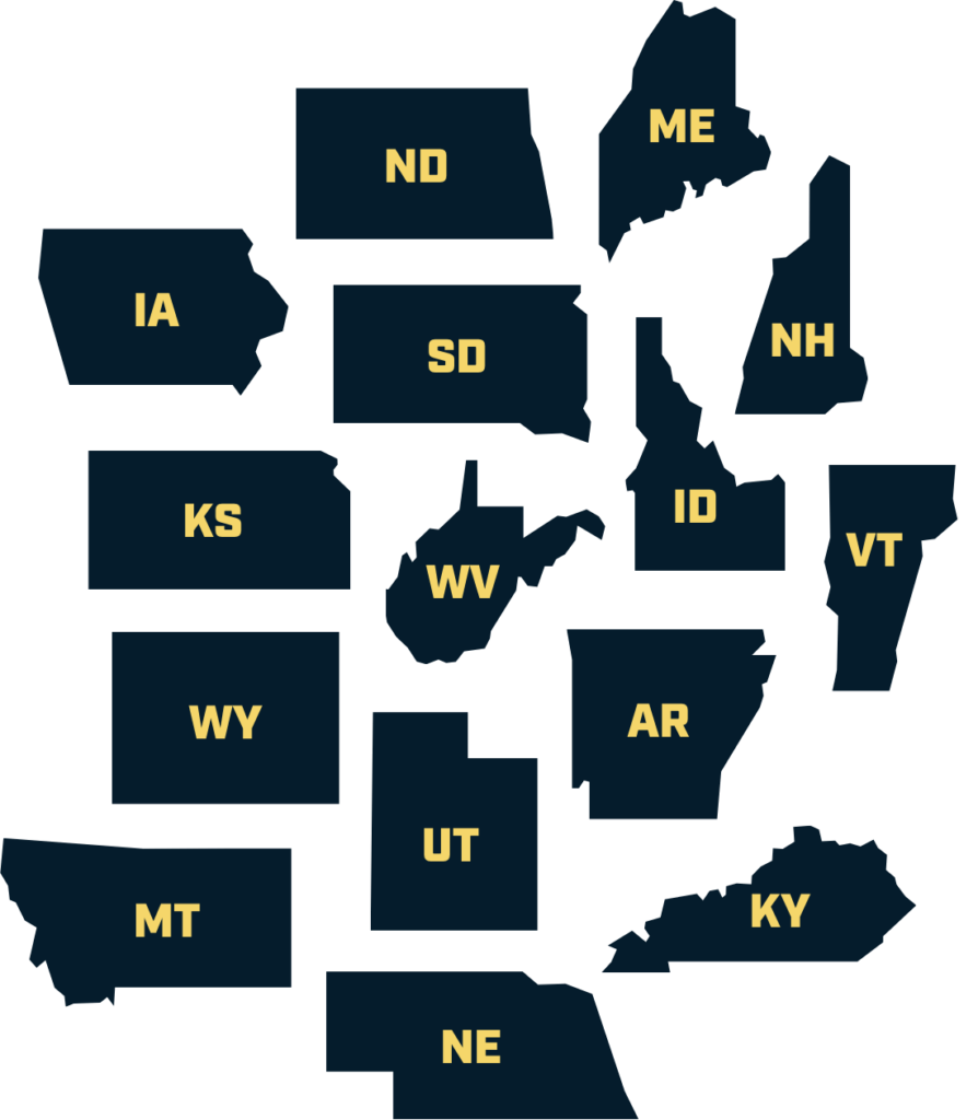 Icons of 15 states, including Arkansas, Idaho, Iowa, Kansas, Kentucky, Maine, Montana, Nebraska, New Hampshire, North Dakota, South Dakota, Vermont, West Virginia, Wyoming and Utah.