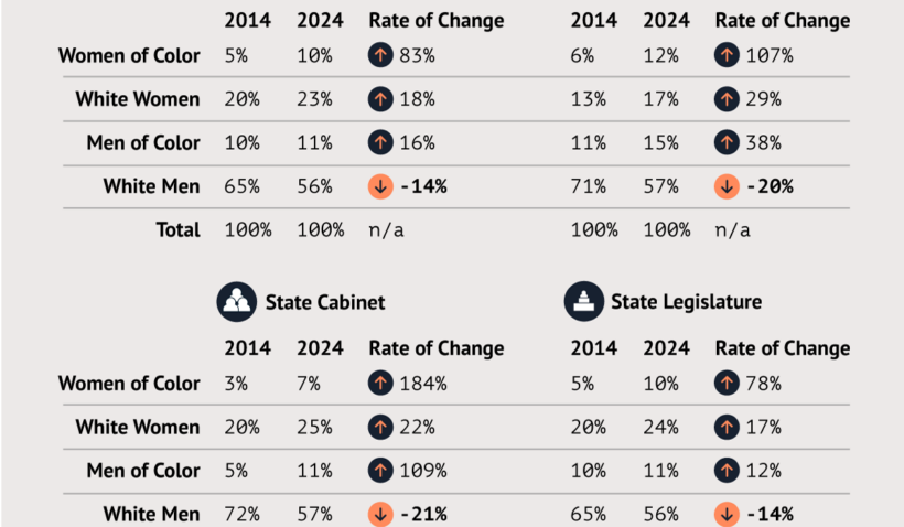 A chart that shows the demographic changes in elected officials in State Legislatures and Above in 2014 vs 2024