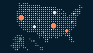 The US, made up of orange, white, and light blue dots. Some dots are larger than others.