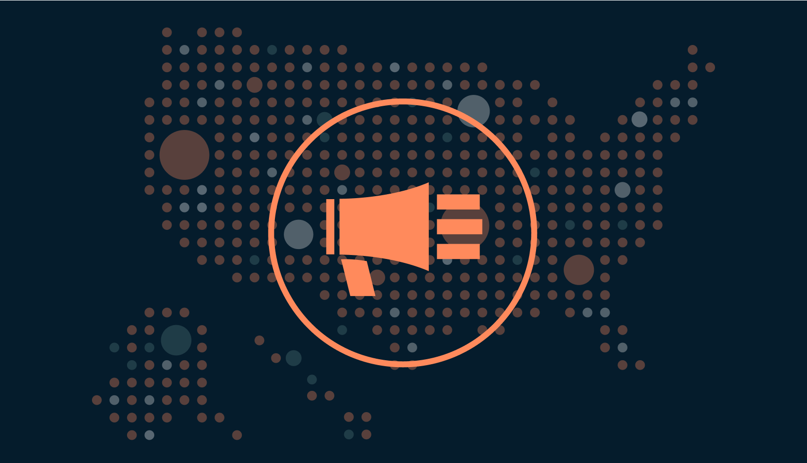 An orange megaphone overlaying an illustration of the US. The US is made up of orange, white, and light blue dots. Some dots are larger than others.