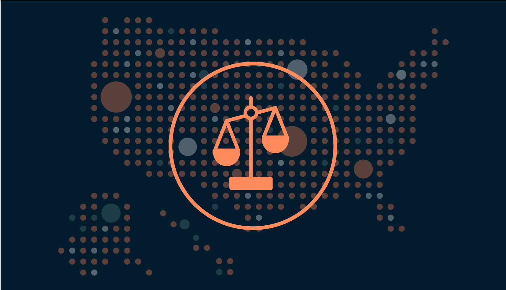 Orange scales overlaying an illustration of the US. The US is made up of orange, white, and light blue dots. Some dots are larger than others.