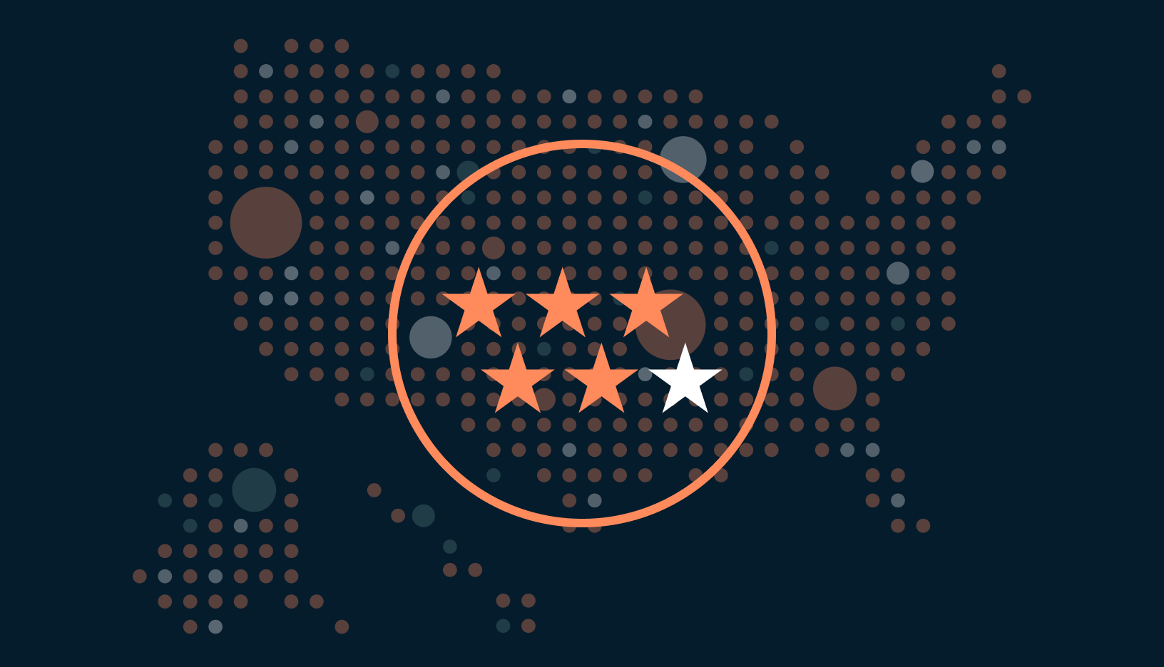 Five orange stars and one white star overlays an illustration of the US. The US is made up of orange, white, and light blue dots. Some dots are larger than others.