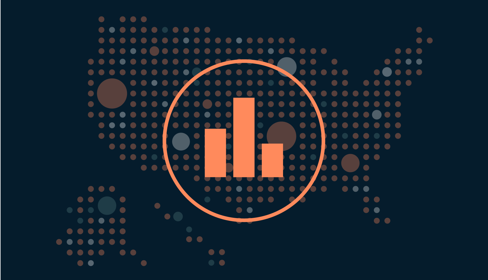 An orange column chart overlaying an illustration of the US. The US is made up of orange, white, and light blue dots. Some dots are larger than others.