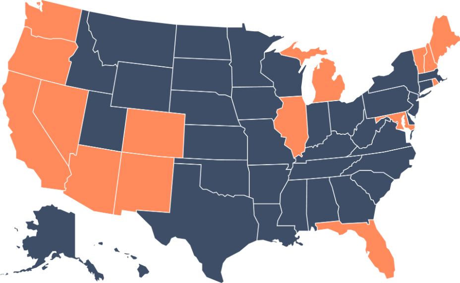 Map with Oregon, Washington, California, Nevada, Arizona, New Mexico, Colorado, Florida, Illinois, Michigan, Maryland, Rhode Island, Vermont, New Hampshire, and Maine highlighted. 