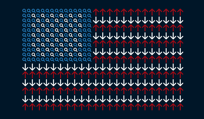 A U.S. flag made up of various icons. The field of blue with white stars is made up of magnifying glass icons, the red stripes are up arrows, and the white stripes are down arrows.