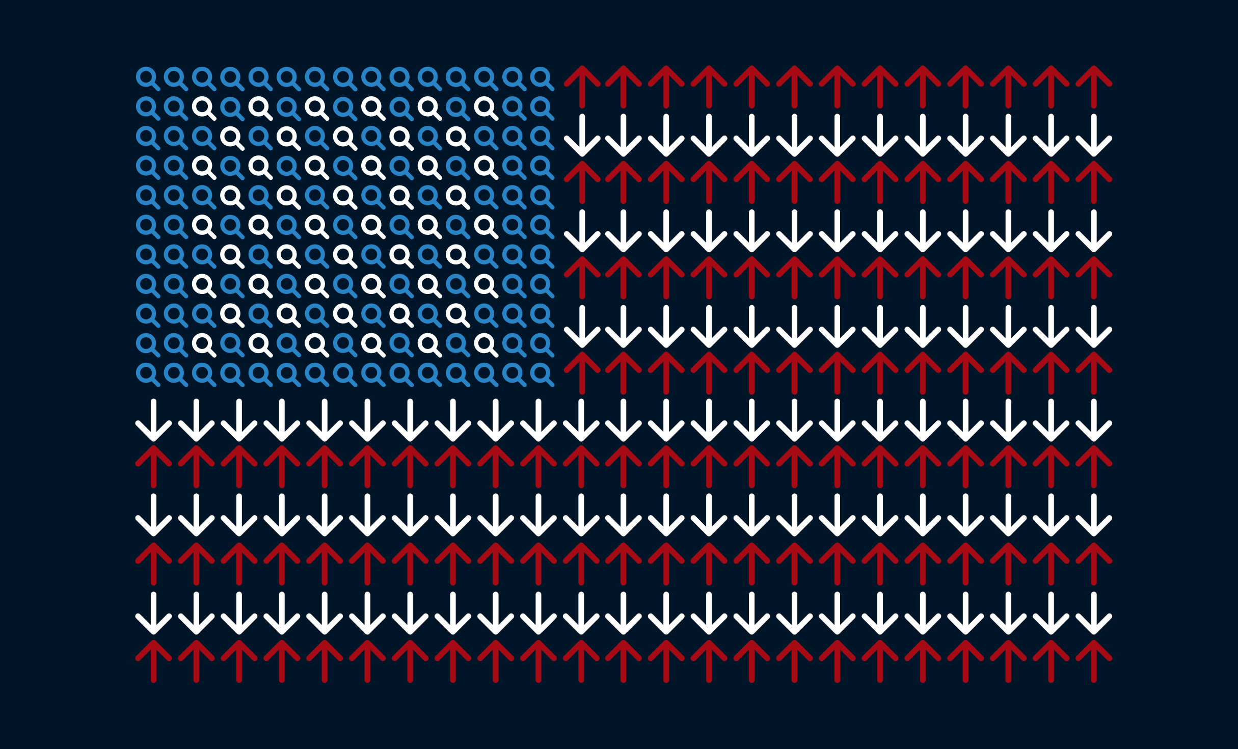 A U.S. flag made up of various icons. The field of blue with white stars is made up of magnifying glass icons, the red stripes are up arrows, and the white stripes are down arrows.